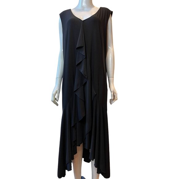Antthony Womens Dress Black Ruffle Pleated Midi V Neck Sleeveless Size 2X - Picture 1 of 8